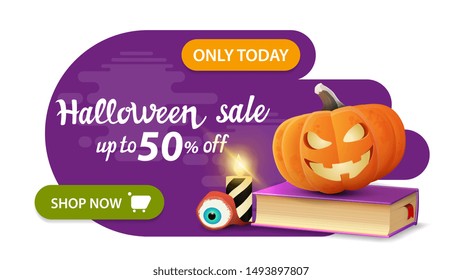 Halloween sale, up to 50% off, banner of geometric liquid style simple form with spell book and pumpkin Jack