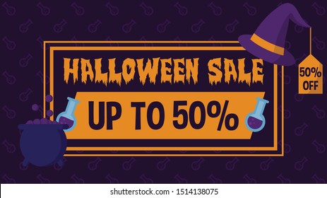 halloween sale 50% off banner with vector illustration witch hat, potion and cauldron can use for media social feed or story