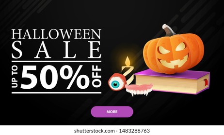 Halloween sale, -50% off, black horizontal discount banner with spell book and pumpkin Jack