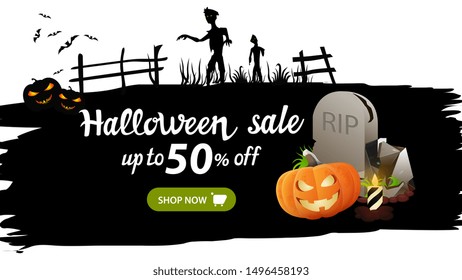 Halloween sale, up to 50% off, black torn banner with witch's tombstone and pumpkin Jack