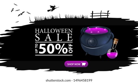 Halloween sale, up to 50% off, black torn banner with witch's cauldron with potion