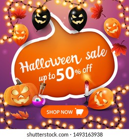 Halloween sale, up to 50% off, creative discount banner with large cut pumpkin, Halloween balloons, autumn leafs, pumpkin Jack and witch's potion