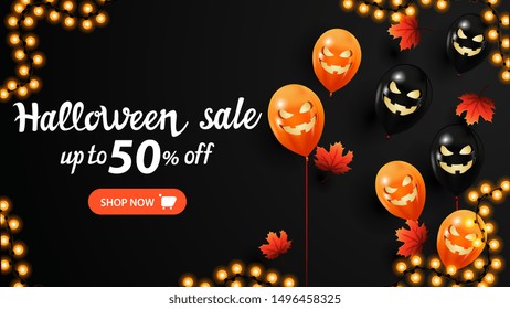 Halloween sale, up to 50% off, creative black banner with Halloween balloons near the black wall and beautiful lettering