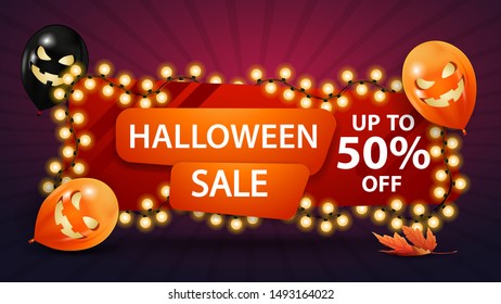 Halloween sale, up to 50% off, discount banner with a yellow garland wound around a banner and Halloween balloons. Red horizontal discount template.