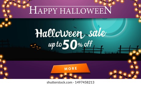 Halloween sale, up to 50% off, discount banner with halloween landscape on the background. Halloween background, dark night, full blue moon, starry sky, clear field with fence, grass, trees, bats, zom