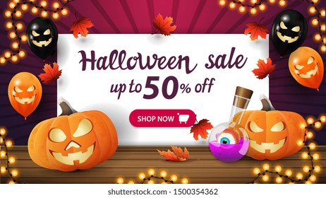Halloween sale, up to 50% off, discount purple banner with halloween balloons, pumpkin Jack and witch's potion