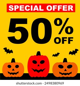 Halloween sale 50% off. Discount 50%. Square promotion bussiness with spooky pumpkin and bat illustration able to social media or print. Halloween sale sign promo