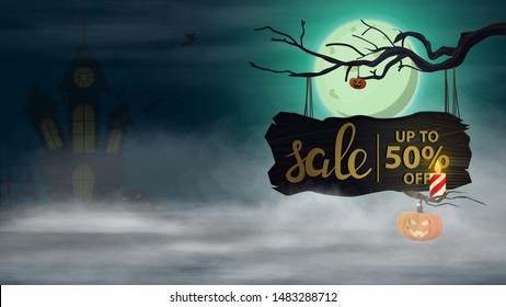 Halloween Sale, -50% Off, Horizontal Discount Banner With Night Landscape And Old Wooden Board With Offer