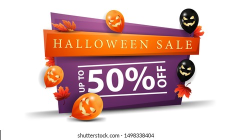 Halloween sale, up to 50% off, horizontal discount banner in cartoon style with Halloween balloons