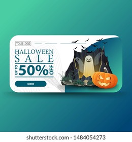 Halloween sale, up to -50% off, modern discount banner with portal with ghosts and pumpkin Jack