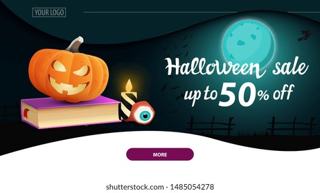 Halloween sale, up to 50% off, modern horizontal web banner with night landscape on background