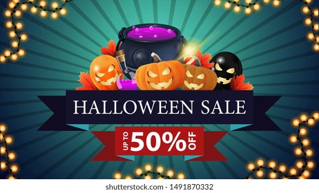 Halloween sale, up to 50% off, modern discount banner in the form of ribbon with Halloween ballons, witch's cauldron and pumpkin Jack