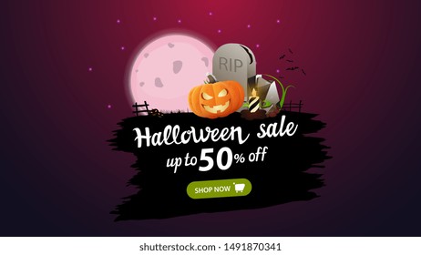 Halloween sale, up to 50% off, modern discount banner with full moon, tombstone and pumpkin Jack