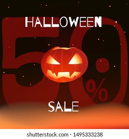 Halloween sale, up to 50% off, modern discount banner with big Halloween pumpkin.Vector illustration