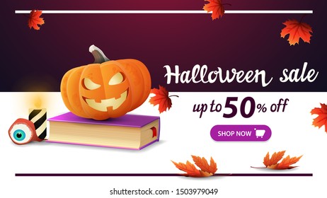 Halloween sale, up to 50% off, modern banner with spell book and pumpkin Jack. Modern design of discount banner with button