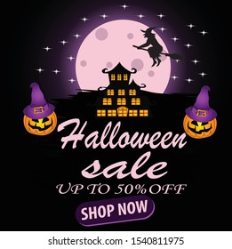 Halloween sale, up to 50% off, modern discount banner with full moon, old castle and pumpkin Jack.editable text