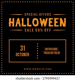 Halloween sale 50% off modern sale banner, design concept, social media post, sign with orange text on a black and orange background. 