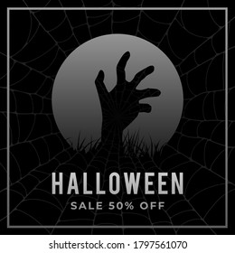 Halloween Sale 50% OFF modern banner, sign, design concept, social media post with zombie hand illustration and grey text on a black halloween background. 