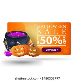 Halloween sale, up to 50% off, orange modern 3D banner with witch's pot and pumpkin Jack