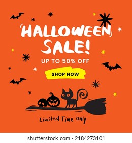 Halloween Sale 50% off, Shop Now Square Banner. Limited Time Email marketing web banner. Cat, Broom, pumpkin, bat, Spooky. Hand Letter calligraphy of Halloween. Orange banner illustration. Discount