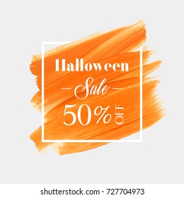 Halloween Sale 50% off sign over watercolor art brush stroke paint abstract background vector illustration. Perfect acrylic design for a shop and sale banners.