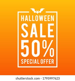 Halloween Sale 50% OFF special offer modern and clean sale banner, design concept, social media post, with white text on an orange background with a flying  bat icon. 