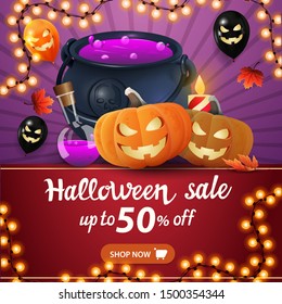 Halloween sale, up to 50% off, square discount purple banner with witch's cauldron and pumpkin Jack