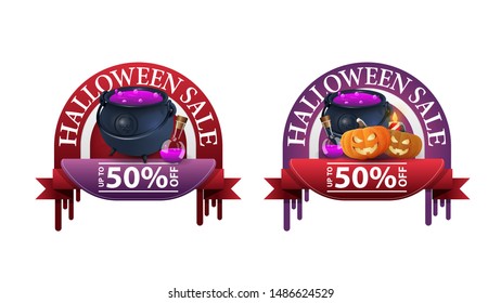 Halloween sale, -50% off, two round discount banners with witch's pot and pumpkin Jack