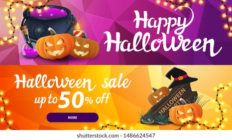 Halloween sale, up to 50% off, two horizontal web banner with polygonal texture on the background. Collection of bright discount banners for your website with beautiful three-dimensional illustrations