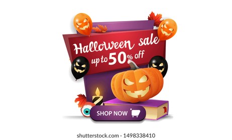 Halloween sale, up to 50% off, vertical discount banner in cartoon style with Halloween balloons, spell book and pumpkin Jack