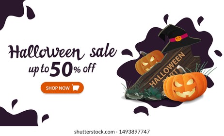 Halloween sale, up to 50% off, white horizontal discount web banner with water drop minimal design, wooden sign, witch hat and pumpkin Jack