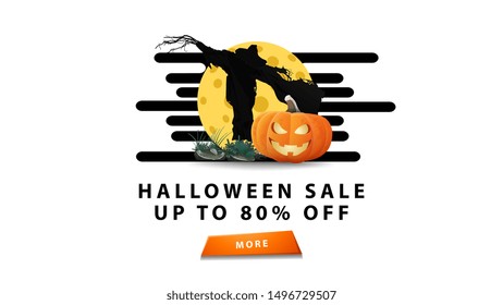Halloween sale, up to 50% off, white stylish minimalist greeting postcard with Scarecrow and pumpkin Jack against the moon