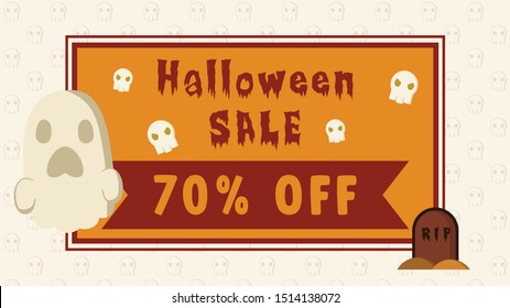 halloween sale 70% off banner with vector illustration ghost, skull and grave can use for media social feed or story