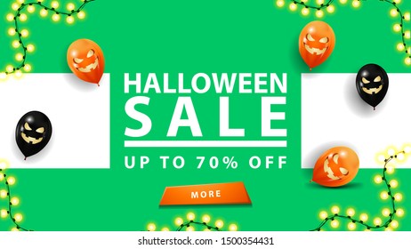Halloween sale, up to 70% off, discount green banner with halloween balloons