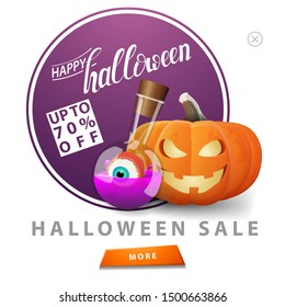 Halloween sale, up to 70% off, square white discount banner with button, pumpkin Jack and witch's potion