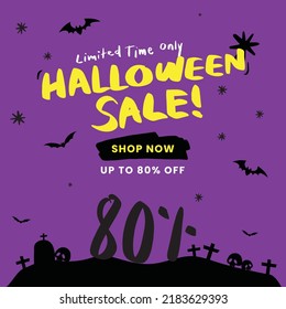 Halloween Sale 80% off Banner. Email marketing web banner. Purple Square background banner. Shop now button banner with Bat, Skeleton. Typography and calligraphy of Halloween. October Sale, Discount