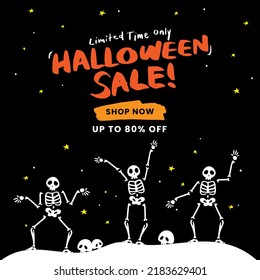 Halloween Sale 80% off Banner. Email marketing web banner. Black Square background banner. Shop now button banner with Bat, Skeleton. Typography and calligraphy of Halloween. October Sale, Discount