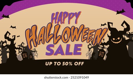 Halloween sale ad background template decorated with spooky forest, bats and tombs (purple)