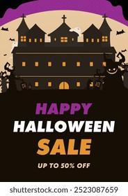 Halloween Sale Ad Background Template Decorated with Haunted House and Spooky Forest (purple)