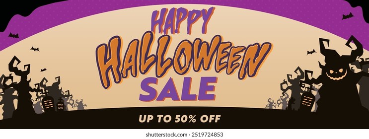 Halloween sale ad banner background template decorated with spooky forest, bats and tombs (purple)