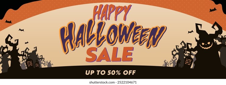 Halloween sale ad banner background template decorated with spooky forest, bats and tombs (orange)