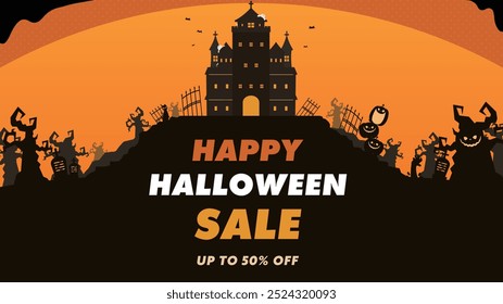 Halloween sale ad banner background template decorated with a spooky forest, pumpkins, and a haunted house (orange)