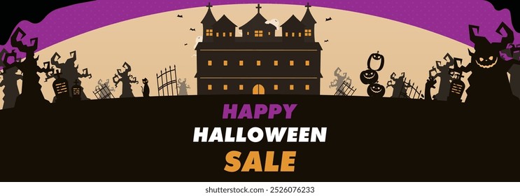 Halloween Sale Ad Banner Background Template Decorated with Spooky Forest and Haunted House (purple)