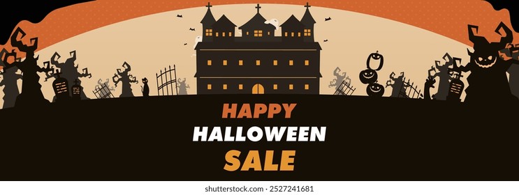 Halloween Sale Ad Banner Background Template Decorated with Spooky Forest and Haunted House (orange)