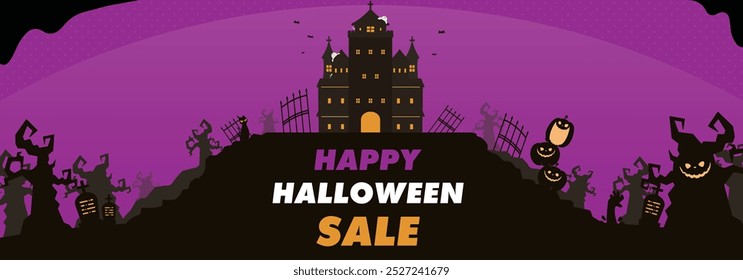 Halloween sale ad banner template decorated with a spooky forest, pumpkins, and a haunted house (purple)