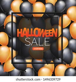 Halloween sale advertisement design with black and orange helium balloons and a square frame banner with typography text. Vector illustration.