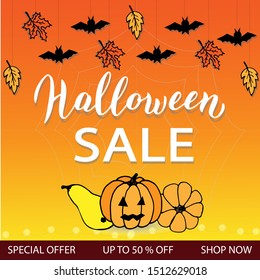 Halloween sale advertising banner. Halloween special offer leaflet with pumpkin and bats. Trendy lettering template. Vector eps 10. 