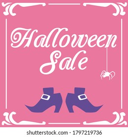 Halloween Sale advertising banner template with hand inscription and witch boots, flat vector illustration. Holiday autumn sales and discount events promotion.