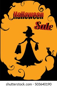 Halloween sale advertising 
Woman in  witch costume silhouette and black cat