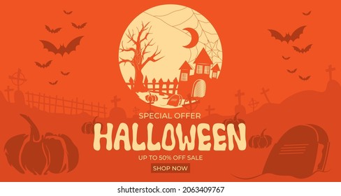 Halloween sale background banner design template with moon silhouette between funerals